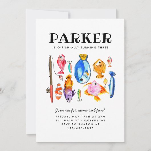 Oフィッ素朴シュアルリールおもしろい魚魚釣り誕生日 招待状 (正面)