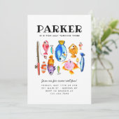 Oフィッ素朴シュアルリールおもしろい魚魚釣り誕生日 招待状 (スタンド正面)