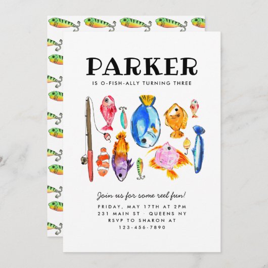 Oフィッ素朴シュアルリールおもしろい魚魚釣り誕生日 招待状 (正面/裏面)