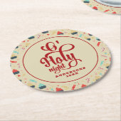 Oホリーナイトタイポグラフィ&クリスマスパターン ラウンドペーパーコースター (アングル)