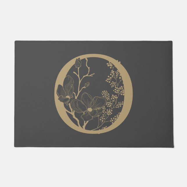 Oボホエレガントフローラモノグラムイニシャルグレー金ゴールド ドアマット (正面)