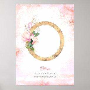 O字モノグラム ゴールドの葉 ピンクのマグノリア 花 ポスター