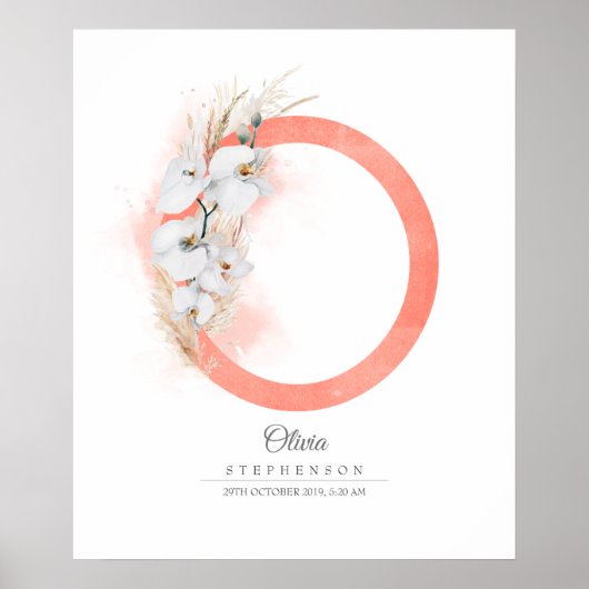 O字モノグラム 白いランとパンパスグラス ポスター (正面)