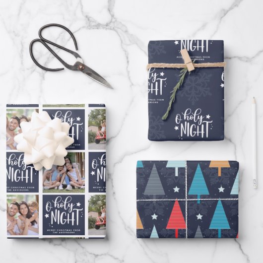 O聖なる夜の写真コラージュのクリスマスツリーパターン ラッピングペーパーシート (正面)