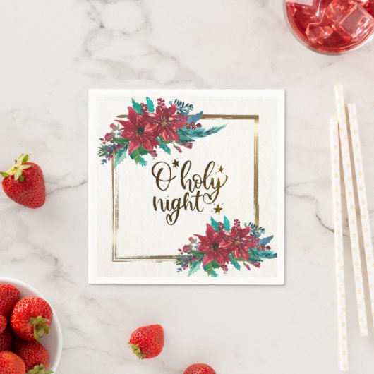 O聖なる夜、クリスマスカロル赤ポインセチア スタンダードカクテルナプキン (インサイチュ)