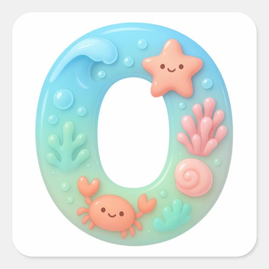 "O" かわいい文字 - 水中海の生き物 スクエアシール (正面)