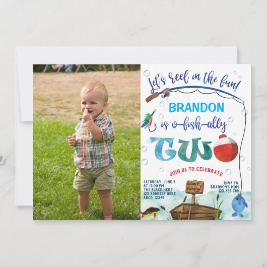 o – 魚と同じく、小さな漁師の2回目の誕生日写真 招待状 (正面)