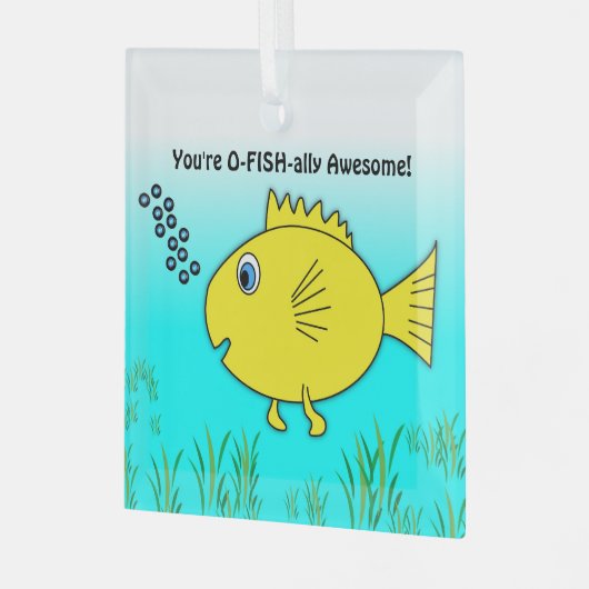 O-Fishに味方して泳ぐ素晴らし漫画魚 ガラスオーナメント (正面左)