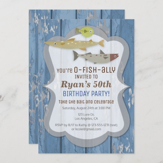 O-FISH-ALLYの魚釣りの誕生日のパーティの招待状 招待状 (正面/裏面)