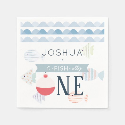 O-fish-allyワン魚釣りボーイホワイト誕生日 スタンダードカクテルナプキン (正面)