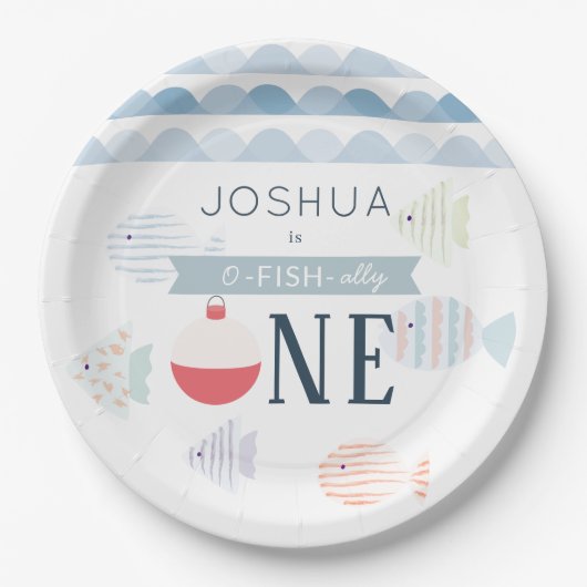 O-fish-allyワン魚釣りボーイホワイト誕生日 ペーパープレート (正面)