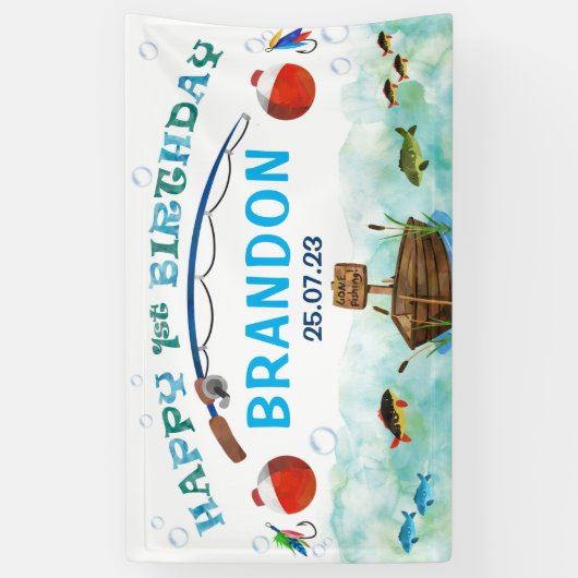 O-fish-ally魚釣りをテーマにした第1の誕生日の背景 横断幕 (縦)