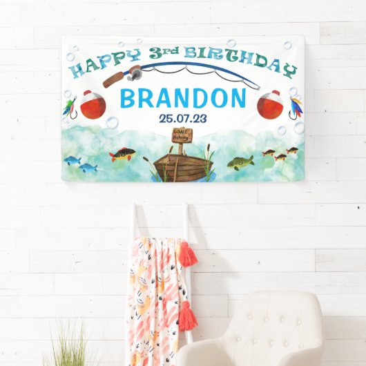 O-fish-ally魚釣りをテーマにした第3の誕生日の背景 横断幕 (インサイチュ)