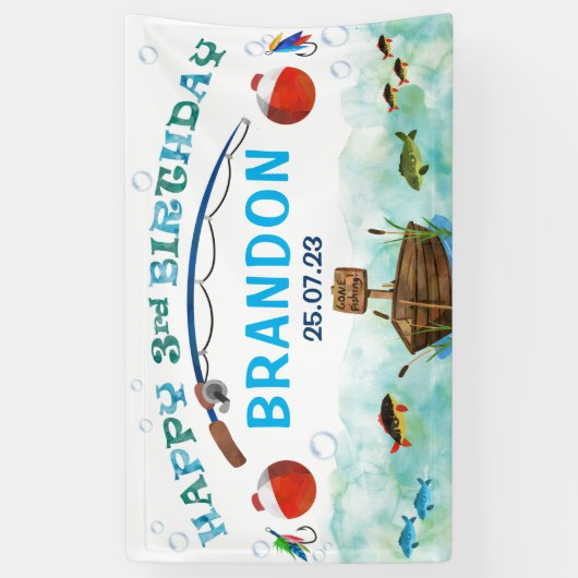 O-fish-ally魚釣りをテーマにした第3の誕生日の背景 横断幕 (縦)