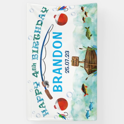 O-fish-ally魚釣りをテーマにした4th誕生日の背景 横断幕 (縦)