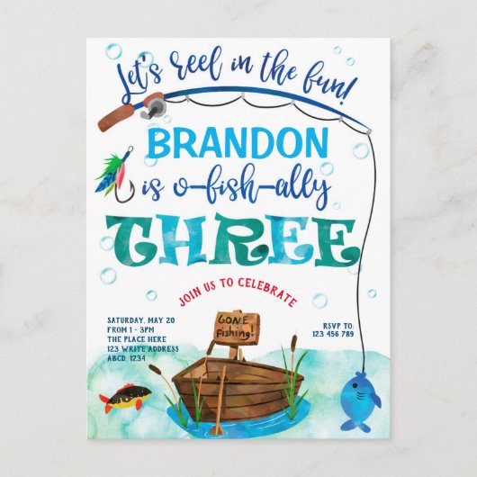 O-Fish-Ally、リトル・フィッシャーマン、魚釣り3番目の誕生日 インビテーションポストカード (正面)