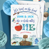 O-fish-ally、小さな漁師、双子の魚釣りをテーマにした 招待状