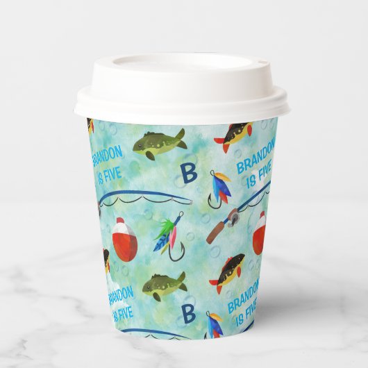 O-Fish-ally、魚釣りをテーマにした男の子1歳の誕生日 紙コップ (正面)