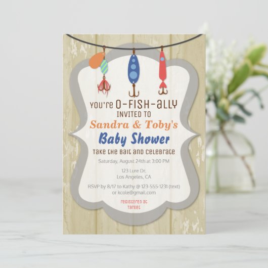 O-FISH-ALLY Fishing Baby Shower Invitation - Tan 招待状 (スタンド正面)