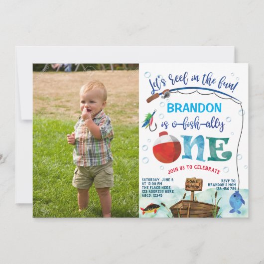 O-fish-ally Little Fishermanの最初の誕生日 招待状 (正面)