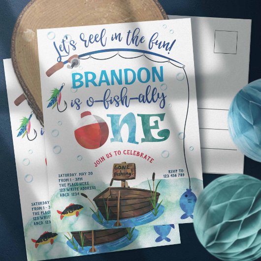 O-Fish-Ally, Little Fisherman, 魚釣り1番目の誕生日 インビテーションポストカード