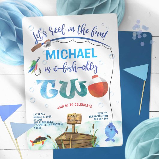 O-fish-ally, little fisherman, Boy 2nd birthday 招待状