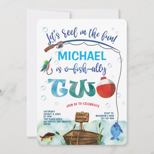 O-fish-ally, little fisherman, Boy 2nd birthday 招待状 (正面)