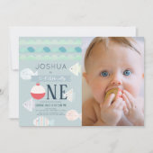 O-fish-ally One魚釣り少年1歳の誕生日の写真 招待状 (正面)