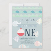 O-fish-ally One魚釣り少年1歳の誕生日 招待状 (正面)