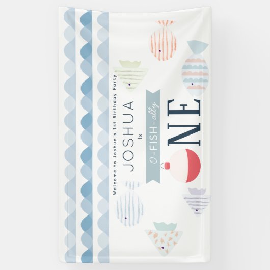 O-fish-ally One魚釣り男の子1歳の誕生日へようこそ 横断幕 (縦)