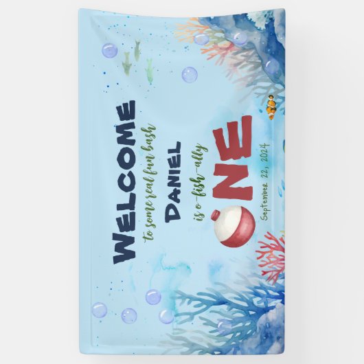 O-fish-ally One魚釣り1stバースデーバナーサイン 横断幕 (縦)