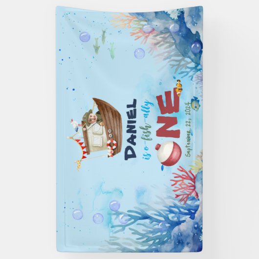 O-fish-ally One魚釣り1stバースデーバナーサイン 横断幕 (縦)