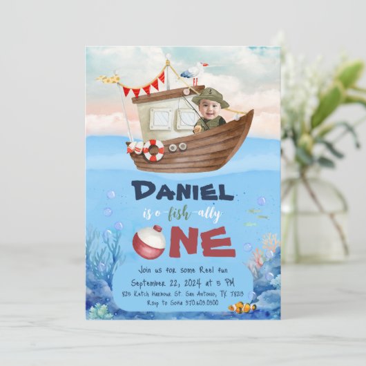 O-fish-ally One魚釣り1st誕生日招待状 招待状 (スタンド正面)