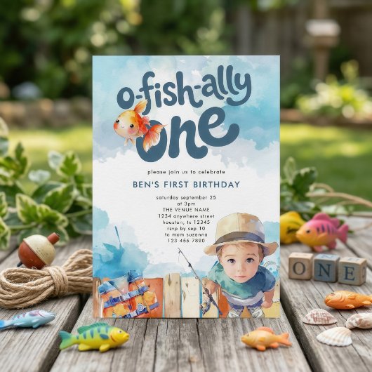 O-fish-ally One Boy Fisherman 1st Birthday 招待状