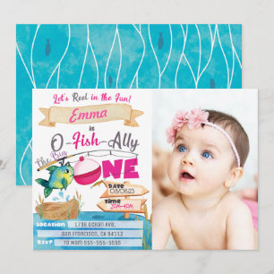 O-Fish-Ally One Girl 1st誕生日魚釣り写真 招待状
