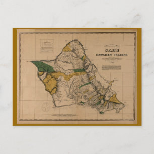 Oahu, 1881, Vintage Hawaii Map ポストカード