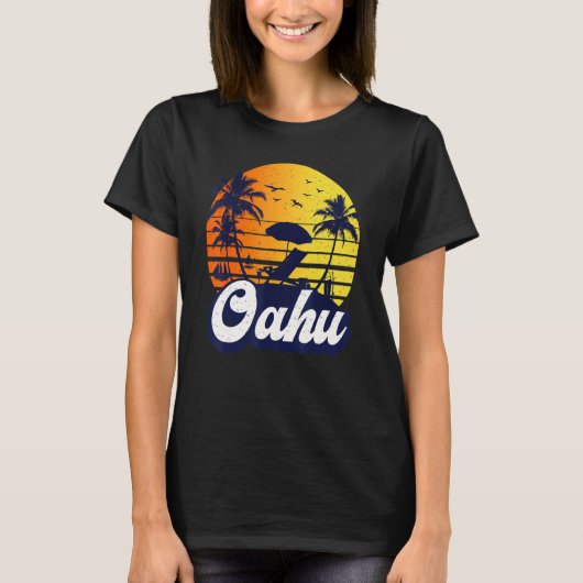 Oahu Hawaii Hawaiian Sunset Beach Retro Tシャツ (正面)
