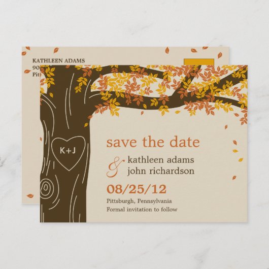 Oak Tree秋の結婚式日付ポストカードの保存 案内ポストカード (正面/裏面)