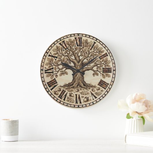 Oak Tree Wall Clock – Wood-Burned Rustic Style ラージ壁時計 (ホーム)