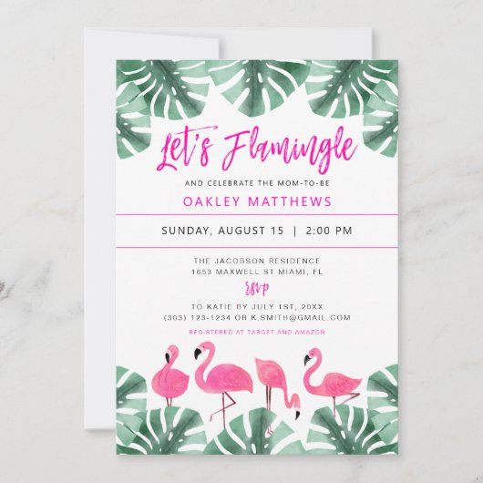 OAKLEY LET's Flamingle Tropical Pink Baby Shower 招待状 (正面)