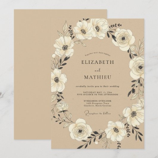 Oatmeal Rustic Botanical Wedding 招待状 (正面/裏面)