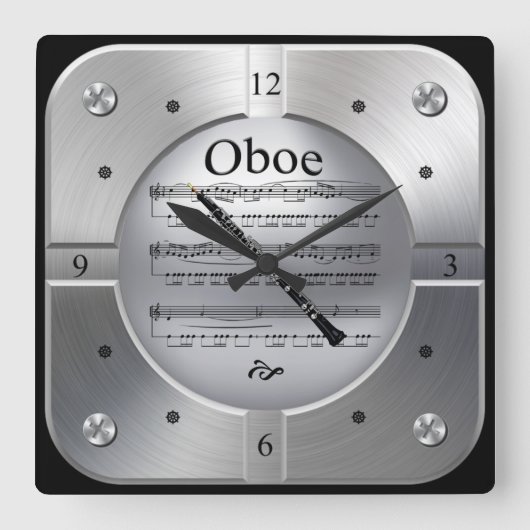 Oboe楽譜~ブラッシュシルバーカラー~ スクエア壁時計 (正面)