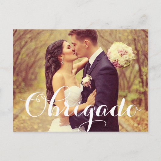 Obrigado Elegant White Script Wedding Photo ポストカード (正面)