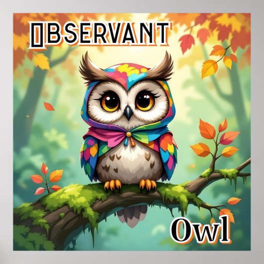 Observant Owl | Cute Cartoon Kid's Nursery Art ポスター (正面)