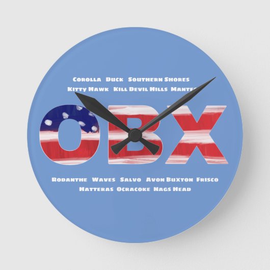 OBX国旗の文字と町 ラウンド壁時計 (正面)