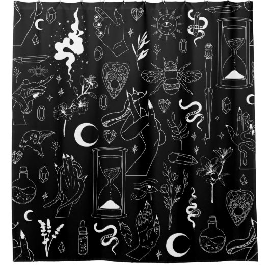 occult mystical esoteric witchcraft crystals black シャワーカーテン (正面)