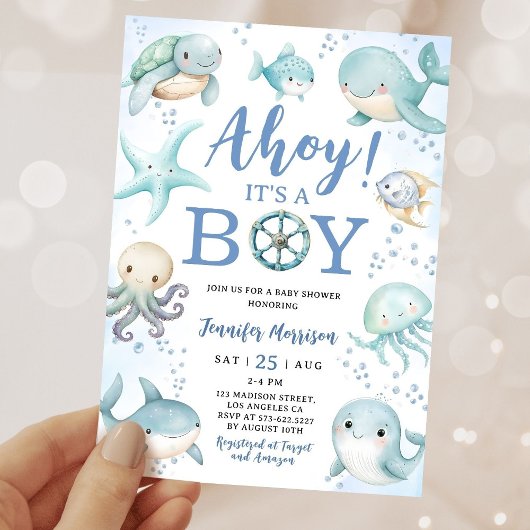 Ocean Ahoy It's A Boy Blue Sea Baby Shower 招待状