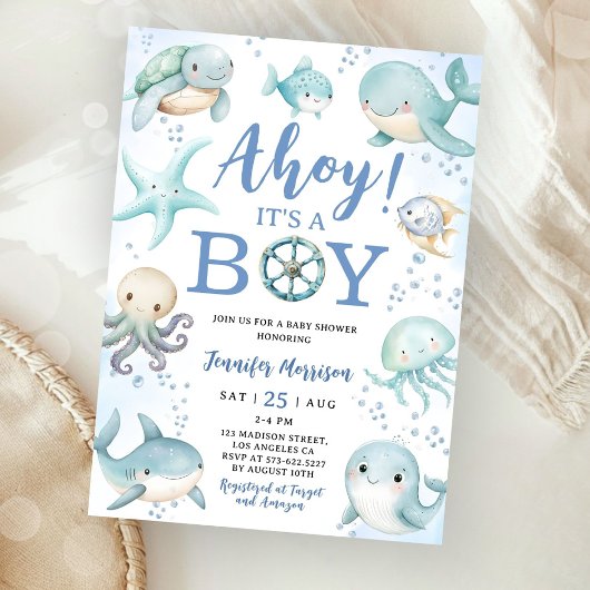 Ocean Ahoy It's A Boy Blue Sea Baby Shower 招待状