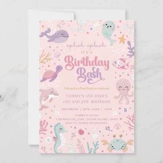 Ocean Animal Birthday Invitations. Joint Birthday  招待状 (正面)