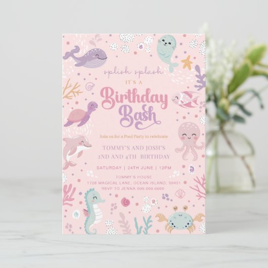 Ocean Animal Birthday Invitations. Joint Birthday  招待状 (スタンド正面)